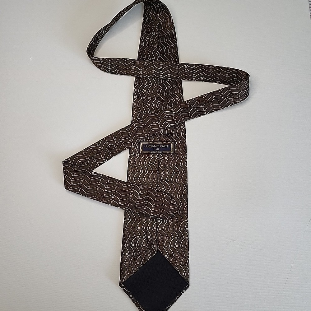 Luciano Gatti Elite 100% Silk Tie Brown Geometric Copper Metallic - Picture 2 of 6